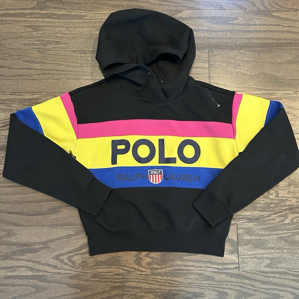 Polo Ralph‎ Lauren Hoodie Women’s Small Multi Shield Striped Spellout Pullover